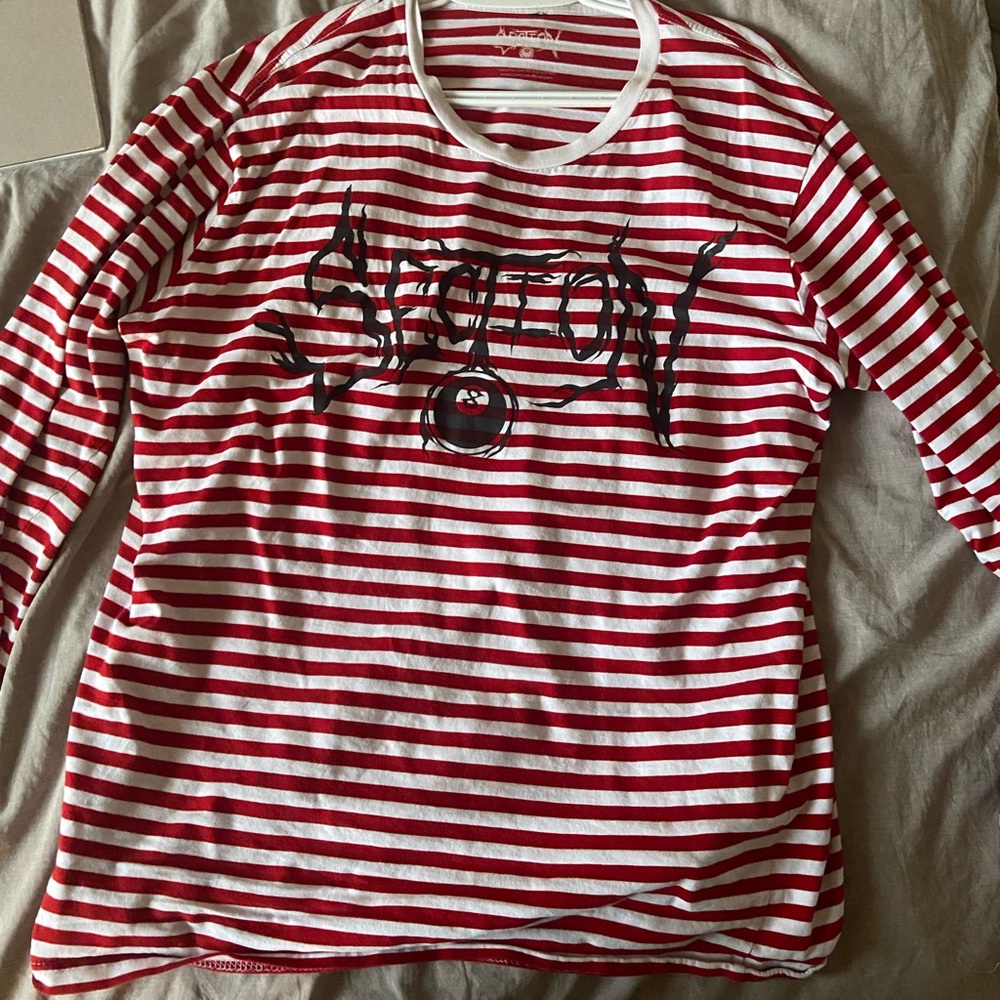 Section 8 longsleeve red and white shirt.